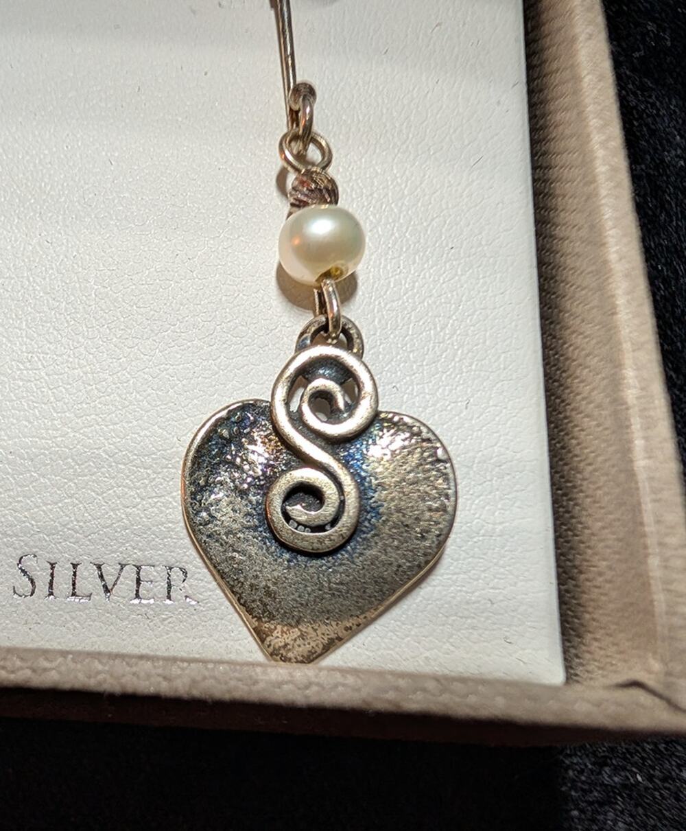 Paz Creations 925 Sterling Silver Pearl Heart Scroll Dangle Earrings - New